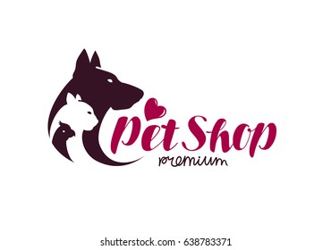 Pet shop logo. Animals cat, dog, parrot icon. Vector illustration