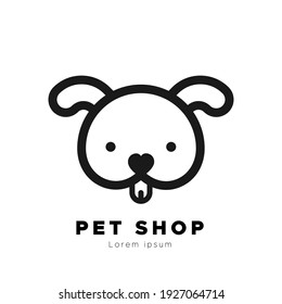 Pet shop logo. Black thick outline. Happy dog. Vector illustration, flat design