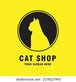 Logo de la tienda de mascotas. icono del gato. Logo vector, emblema, elementos de diseño de etiquetas para tienda de mascotas, zoo shop. Ilustración vectorial aislada en fondo amarillo. página de sitio web y diseño de aplicaciones móviles