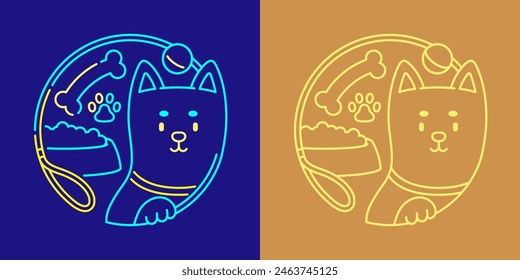 Pet shop logo Chiba dog, food, footprint, ball and bone in circle frame shape by dog leash icon editable stroke dash line doodle design minimal illustration 2 tones dark blue and beige background