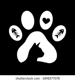 Pet shop logo. Creative icon of a pair of cats in a paw print. Design of labels and cards for a pet shop, zoo. Vector illustration of cat paw print, silhouette of a cat, heart sign, fish skeleton.