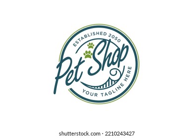 Pet shop logo design circular shape paw animal footprints icon symbol typography style