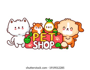 Pet Shop logo design. Cute funny dog,cat,hamster,perrot,snake,turtle. Vector flat line cartoon kawaii character illustration icon. Isolated on white background. Pet shop characters concept