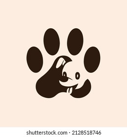 Pet Shop Logo Design with Puppy in the Middle of Dog Paws. Animal Stencil Flat Vector Illustration.