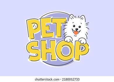 Logo de Pet Shop. Plantilla de diseño para almacenar artículos y accesorios para animales. Dejando el perro. Ilustración vectorial
