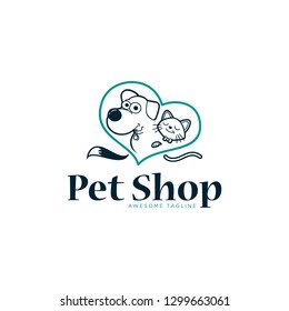 Pet shop logo design vector. Cat and dog inside heart shape vector