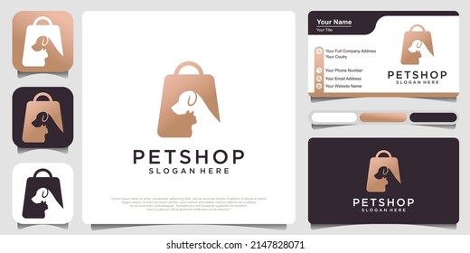 Pet shop logo design vector , cat and dog with shopping bag and business card .