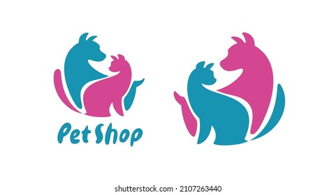 Pet shop logo with dog and cat. Veterinary clinic symbol vector illustration