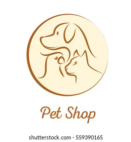 Pet shop logo with dog, cat, parrot head silhouette in a circle. Stock vector illustration for domestic animals services.