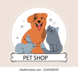 Pet shop logo. Dog, hare and cat look benevolently. Love and care for animals, support, veterinarians. Graphic element for website, template. Sign for business. Cartoon flat vector illustration