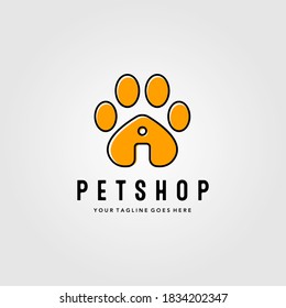 pet shop logo with footprints vector illustration design, line art pet house creative logo design