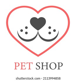 Ilustración del logo de la tienda de mascotas. Alegre boquilla de un perro en el corazón sobre un fondo blanco.