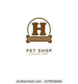 Pet shop logo initial letter h logo with bone element, pet shop symbol vector template
