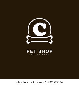 Pet Shop Logo With Initial Letter c, with circle and bone element,  Design Vector Illustration Pet Shop Logo Template