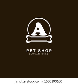 Pet Shop Logo With Initial Letter a, with circle and bone element,  Design Vector Illustration Pet Shop Logo Template