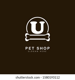 Pet Shop Logo With Initial Letter u, with circle and bone element,  Design Vector Illustration Pet Shop Logo Template
