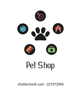 Pet shop logo with pet paw and what dog needs, doggy sign for pet salon or store icons, vector illustration