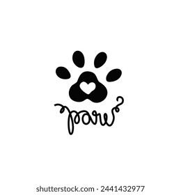 Pet shop logo and paw word. Pet care, pet friendly, emblem, continuous line drawing, hand drawn, modern calligraphy, one single line on white background, isolated vector illustration.