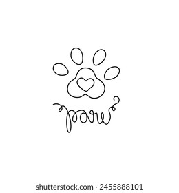Pet shop logo and paw word. Pet care, pet friendly, emblem, continuous line drawing, hand drawn, modern calligraphy, one single line on white background, isolated vector illustration.