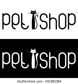 Pet shop logo template with a cat on a black or white background. 