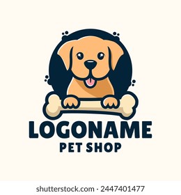 Pet shop logo template, cute dog with bone vector illustration