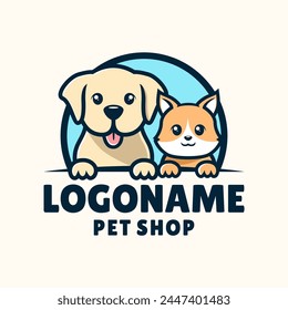 Pet shop logo template, cute dog and cat vector illustration