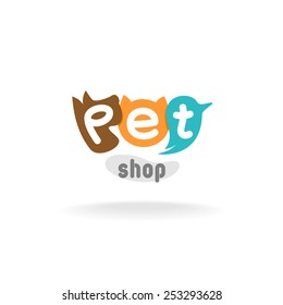 Pet shop logo template. Heads of brown dog, red cat and green blue parrot. Pet shop or store signboard.