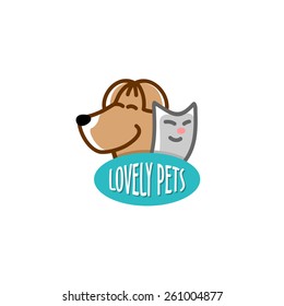 Pet shop logo template. Heads of the funny smiling dog and cat.