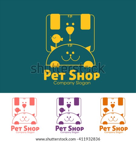Pet shop logo template. Heads of dog, cat and bird. 