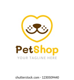 Pet shop logo template. Love pets vector illustration. Dog head in the shape of a heart.