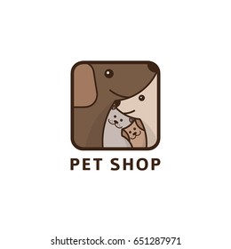 Pet shop logo template. Vector illustration with dogs and cat in linear style. Symbol concept of veterinary clinic.