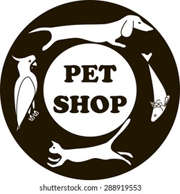 Pet shop logo template. White silhouettes of dog, cat, fish, parrot on a black circle. Pet shop or store signboard. Vector.