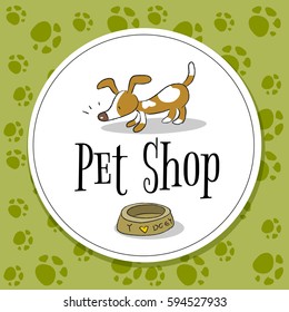Diseño vectorial del logo de la tienda de mascotas, símbolo de cuidado de animales, signo. Dibujo a mano de perro estilo caricatura.