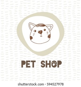 Pet shop logo vector design, animals care symbol, sign. Doodle, cartoon style cat hand drawn illustration.