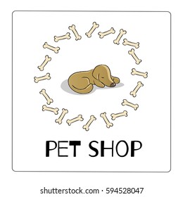 Pet shop logo vector design, animals care symbol, sign. Doodle, cartoon style dog, puppy hand drawn illustration.