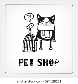 Pet shop logo vector design, animals care symbol, sign. Doodle style cat hand drawn illustration.