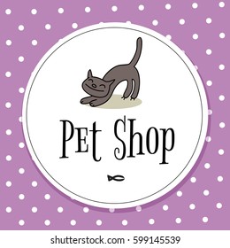 Diseño vectorial del logo de la tienda de mascotas, símbolo de cuidado de animales, signo. Doodle, dibujo de un gato al estilo de las caricaturas.