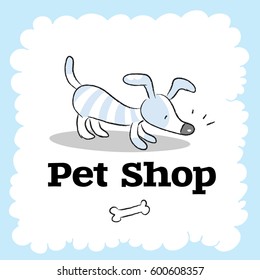 Pet shop logo vector design, animals care symbol, sign. Doodle, cartoon style dog hand drawn illustration.