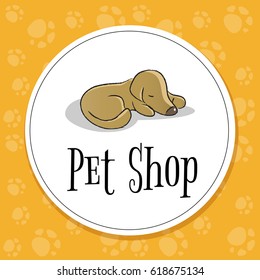 Diseño vectorial del logo de la tienda de mascotas, símbolo de cuidado de animales, signo. Doodle, dibujos animados estilo perro dibujados a mano.