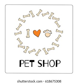 Pet shop logo vector design, animals care symbol, sign. Doodle, cartoon style dog, puppy hand drawn illustration.