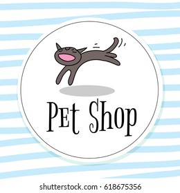 Pet shop logo vector design, animals care symbol, sign. Doodle, cartoon style cat hand drawn illustration.