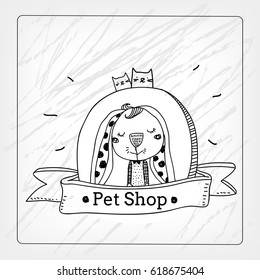 Pet shop logo vector design, animals care symbol, sign. Doodle style bunny with cats hand drawn illustration.