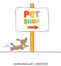 Pet shop logo vector design, animals care symbol, sign. Doodle, cartoon style dog, puppy hand drawn illustration.