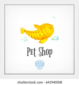 Diseño vectorial del logo de la tienda de mascotas, símbolo de cuidado de animales, signo. Etiqueta con ilustración de pescado.