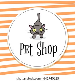 Diseño vectorial del logo de la tienda de mascotas, símbolo de cuidado de animales, signo. Doodle, dibujo de un gato al estilo de las caricaturas.