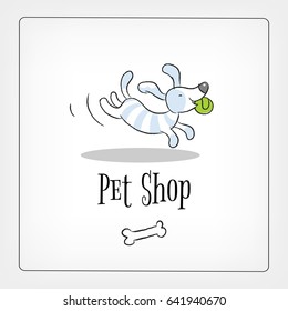 Pet shop logo vector design, animals care symbol, sign. Doodle, cartoon style dog hand drawn illustration.