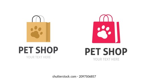 Logo de tienda de mascotas vector o icono de tienda de perros con huella de pata símbolo de dibujo plano, concepto de centro de cuidado animal plantilla de signo diseño simple moderno 