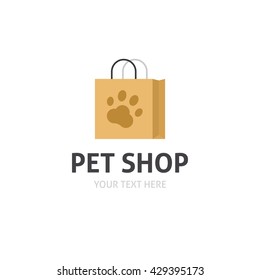 Pet shop logo vector isolated on white, flat cartoon bag with pet shop symbol, pet store logotype