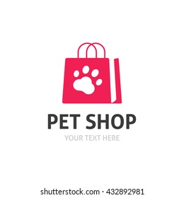 Pet shop logo vector isolated on white, flat pet store logotype, dog paw on bag icon, zoo goods