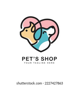 Pet Shop Logo. Veterinary clinic store icon label, hospital, shelter. dog and cat face design in heart. vector icon